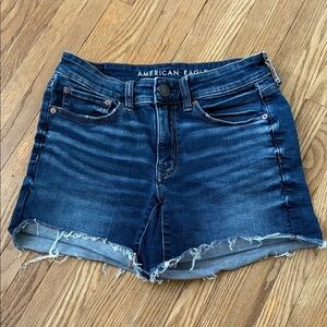 American Eagle Outfitters Dark Blue Jean Shorts with Distressed Details